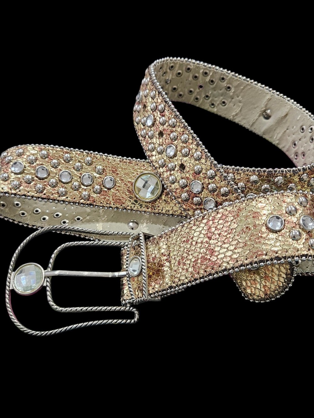 Metallic Gold Copper Snake Embossed Leather Belt Rhinestones Studs Bling Sz M